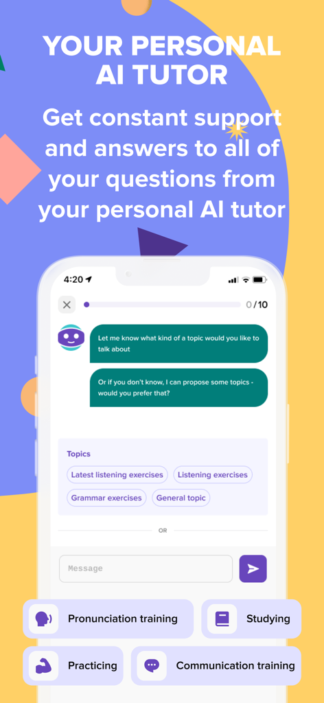 Speakly app interface showing a personal AI tutor chat with language learning topics
