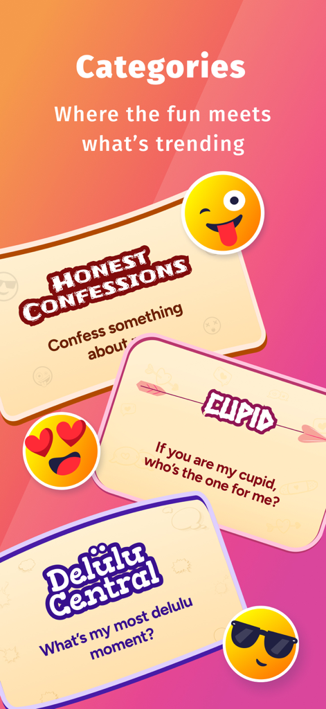 IMHO™: Honest Q&A with friends - Pantalla de la aplicación IMHO que muestra categorías populares de preguntas y respuestas, incluidas Confesiones Sinceras y Cupido