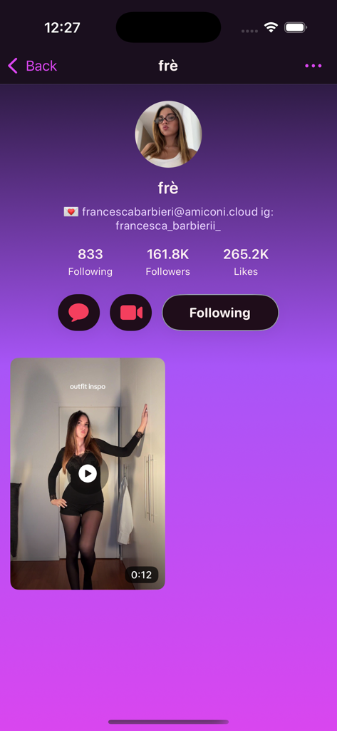 Zynel app user profile screen showing creator stats and a video thumbnail for outfit inspiration