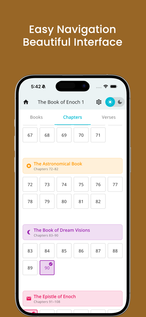 A mobile screen showing the Book of Enoch app chapter navigation with organized sections
