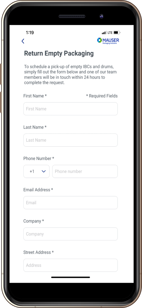 Mauser Packaging Solutions - Mauser Packaging Solutions app return empty packaging form
