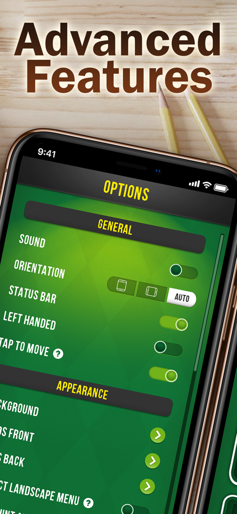 Advanced settings menu in Solitaire Bliss Collection showing left-handed mode and appearance customization options