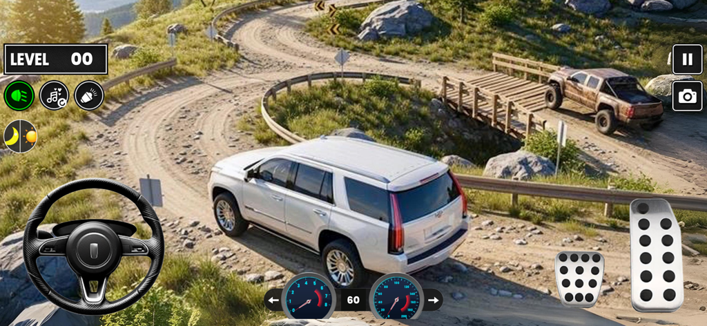 Dunes Offroad Car Simulator 3D - A white SUV driving on a winding mountain trail in Dunes Offroad Car Simulator 3D gameplay