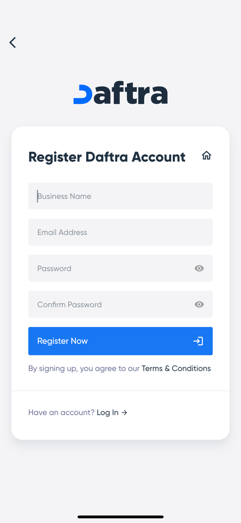 Registrierungsseite für die Daftra POS-App mit Feldern für den Geschäftsnamen, die E-Mail-Adresse und das Passwort