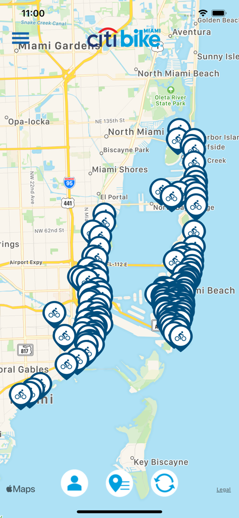 A map of Miami in the Citi Bike app displaying numerous bicycle docking stations