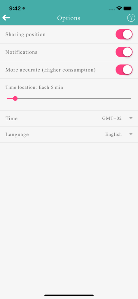 Find Friends - Localizame - Menú de configuración de la aplicación Find Friends Localizame que muestra los interruptores de uso compartido de ubicación y notificaciones