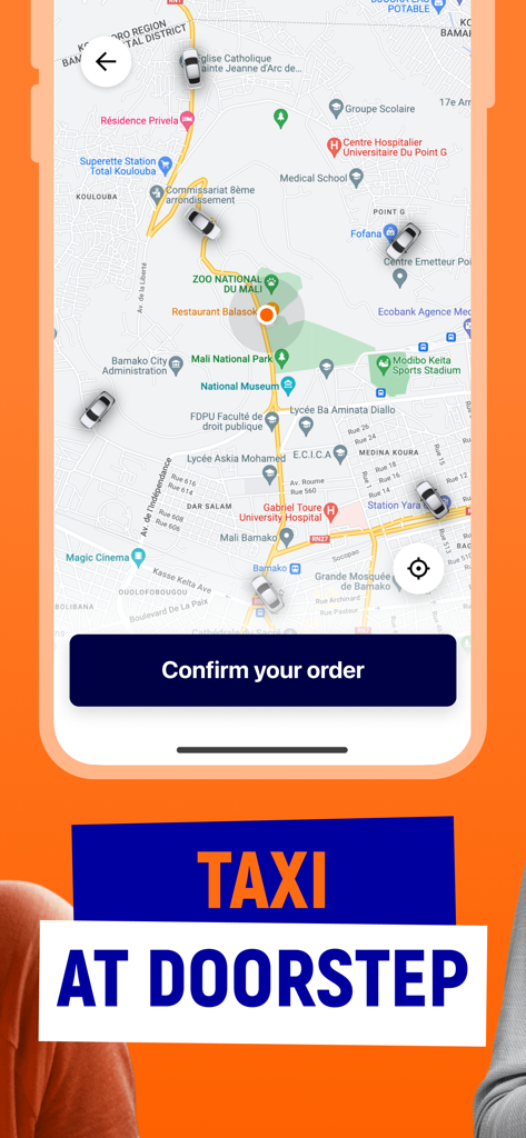 SoRo Service: Bamako Taxi - Map view in the SoRo Service app showing taxi locations in Bamako Mali