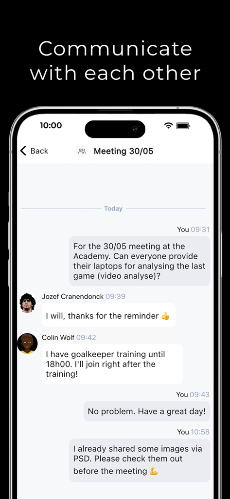 PSD.io app interface showing a team chat discussion about a soccer academy meeting