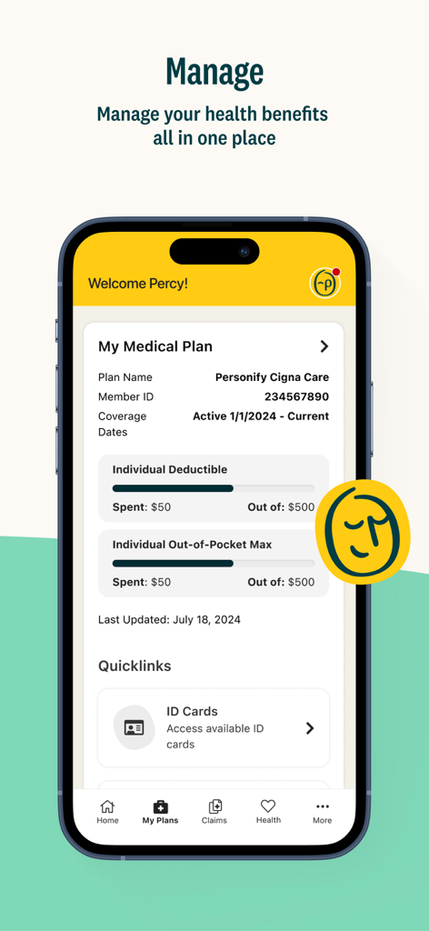 Personify Health - Smartphone displaying Personify Health app medical plan details including deductible and out of pocket trackers