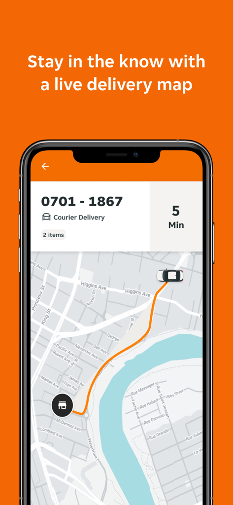 Skip Partner app interface showing a real-time delivery map for tracking courier arrivals.