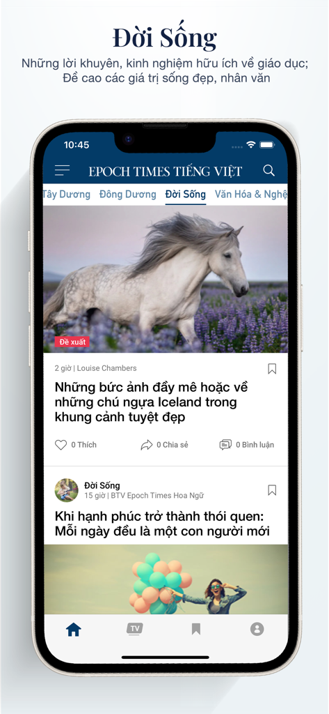 Screenshot dell'app Epoch Times Tiếng Việt che mostra la sezione Vita con articoli e un'immagine in primo piano di un cavallo bianco