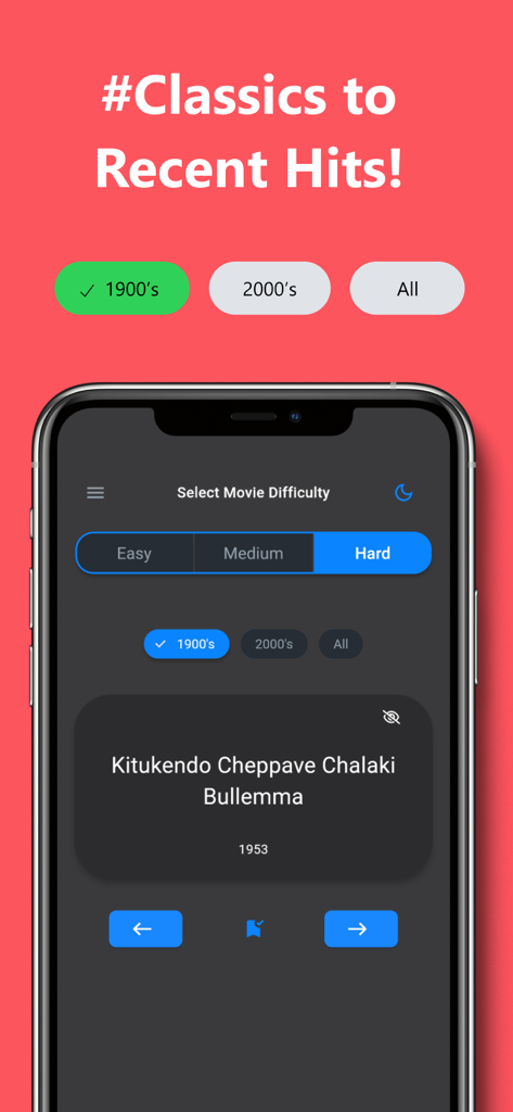 Dumb Charades Telugu - Interface of Dumb Charades Telugu app showing movie difficulty levels and a classic Telugu film title from 1953.
