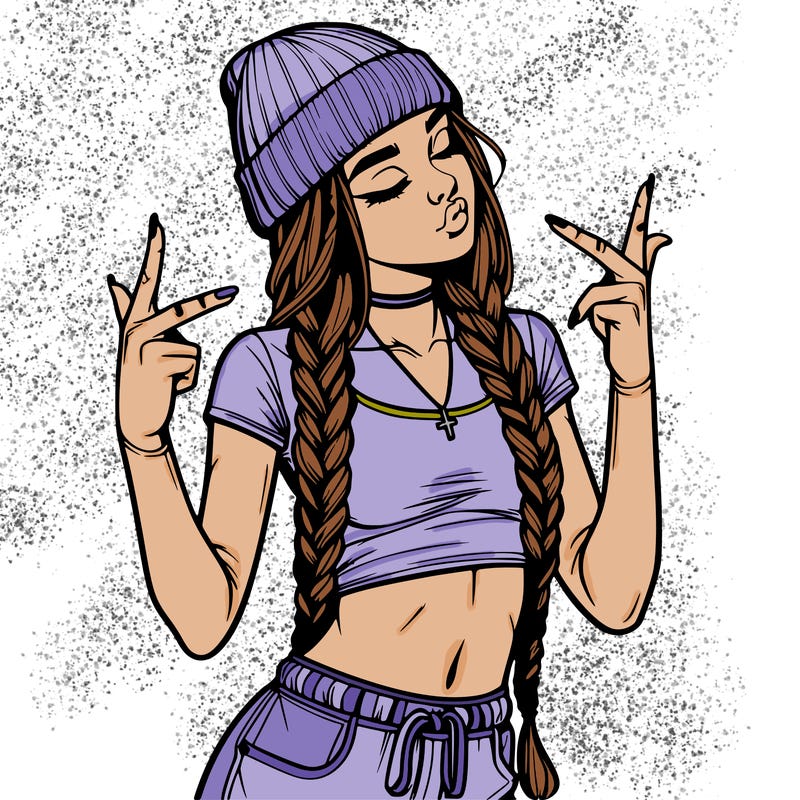 realistic teenage girl with braids and a beanie and crop top doing 🫶🏼
