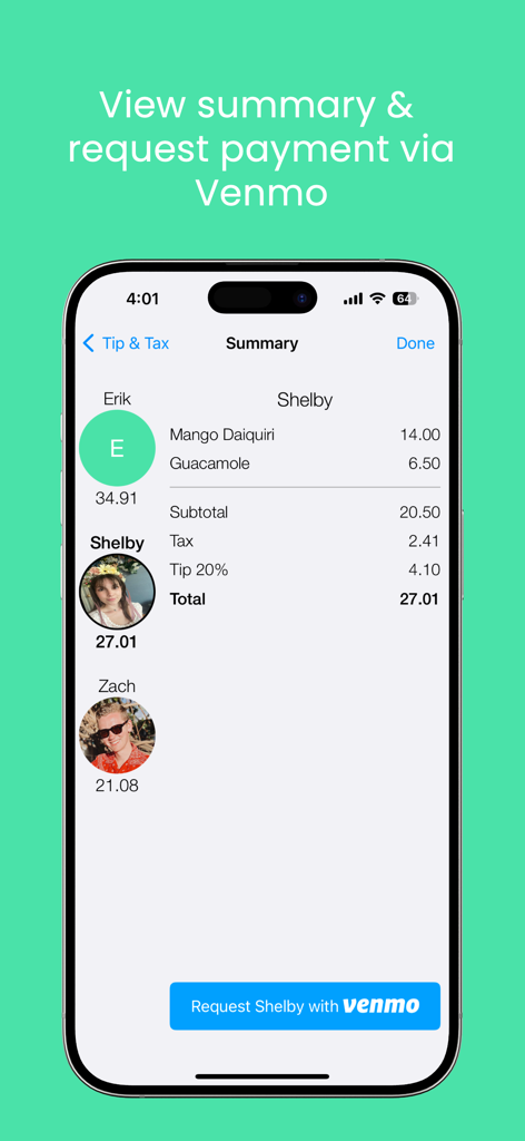 Screenshot of Forkit app showing itemized bill summary and Venmo request button