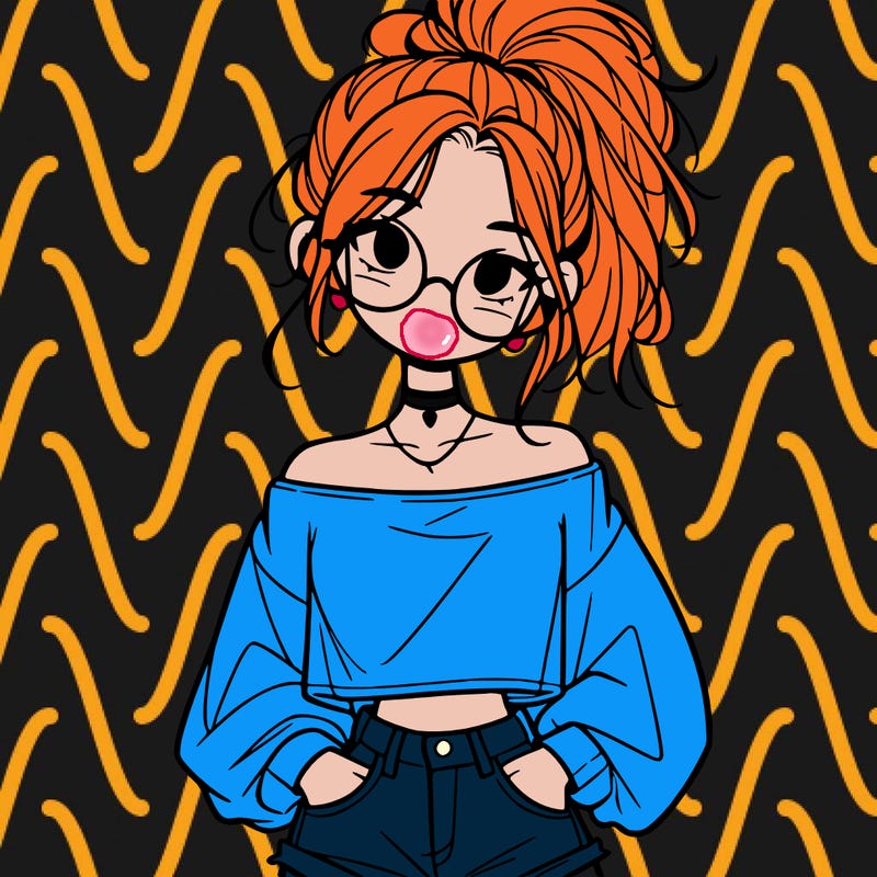 girl with a messy ponytail glasses a baggy crop top and jean shorts