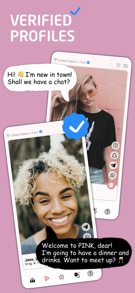 Dos perfiles de mujer verificados con burbujas de chat en la aplicación social solo para mujeres PINK.