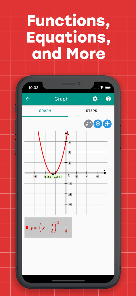 Algebrator: Step Math Solver - Algebrator app interface showing a red parabola graph on a coordinate plane with a vertex at -2.5 and -0.25