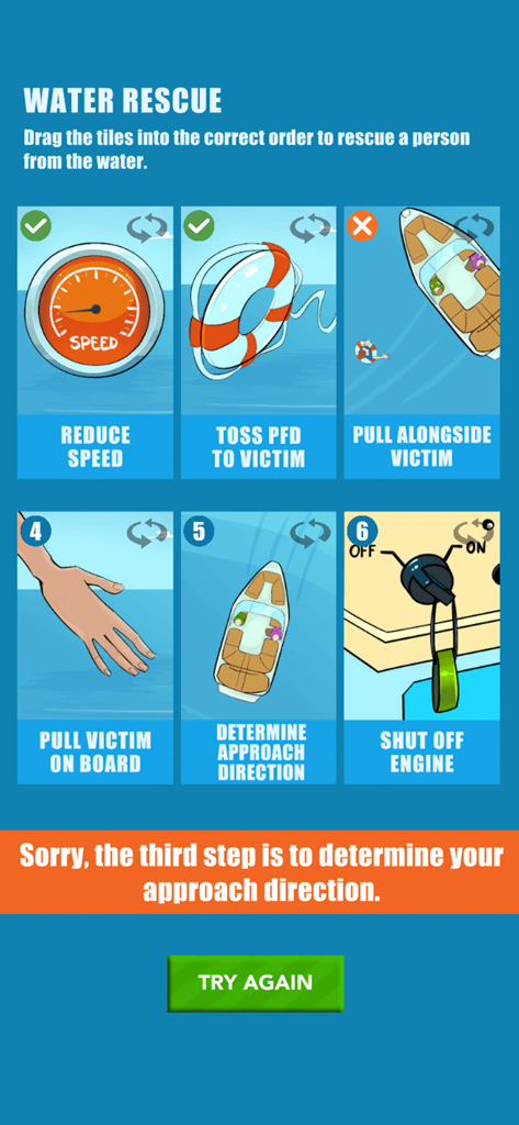 ilearntoboat - An interactive water rescue module in the ilearntoboat app where users drag tiles to learn the correct sequence of steps for boating safety.