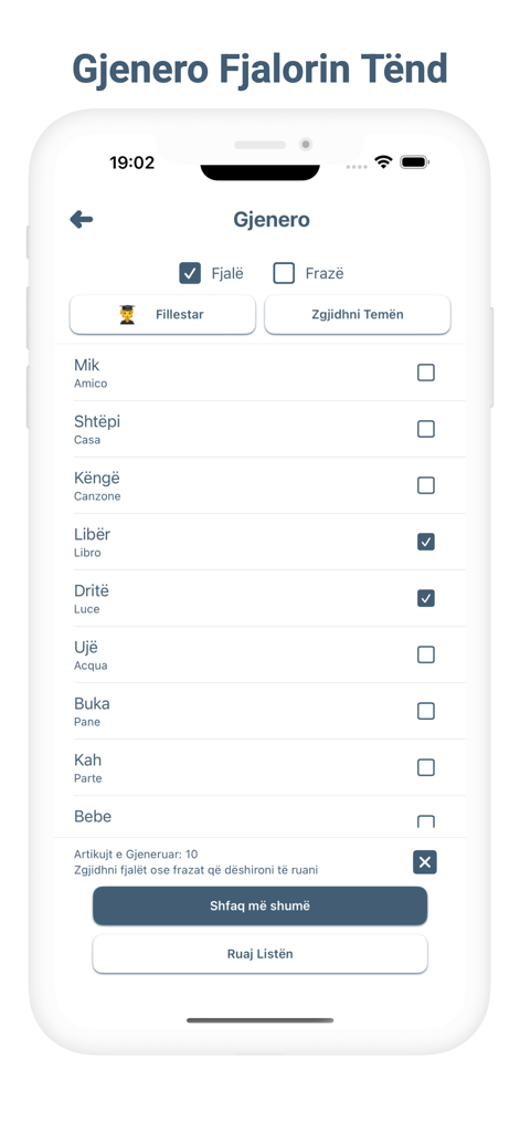 Italian vocabulary generation screen in the Meso Italisht app featuring Albanian to Italian word translations.