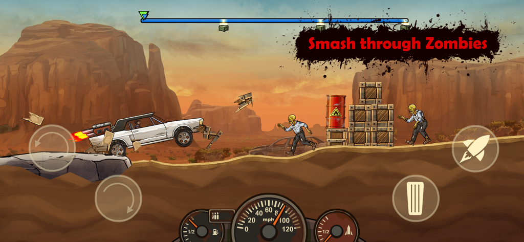 Earn to Die Rogue - Action gameplay from Earn to Die Rogue showing a car leaping towards zombies in a desert environment