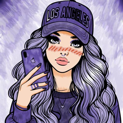 realistic beautiful girl wearing los ángeles cap holding an iphone