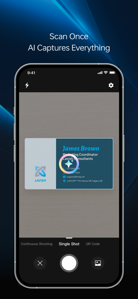 CamCard Business app interface scanning a business card with AI technology