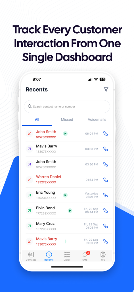 JustCall - Cloud Phone System - JustCallモバイルアプリのダッシュボード。最近の顧客との通話とインタラクションのリストを表示