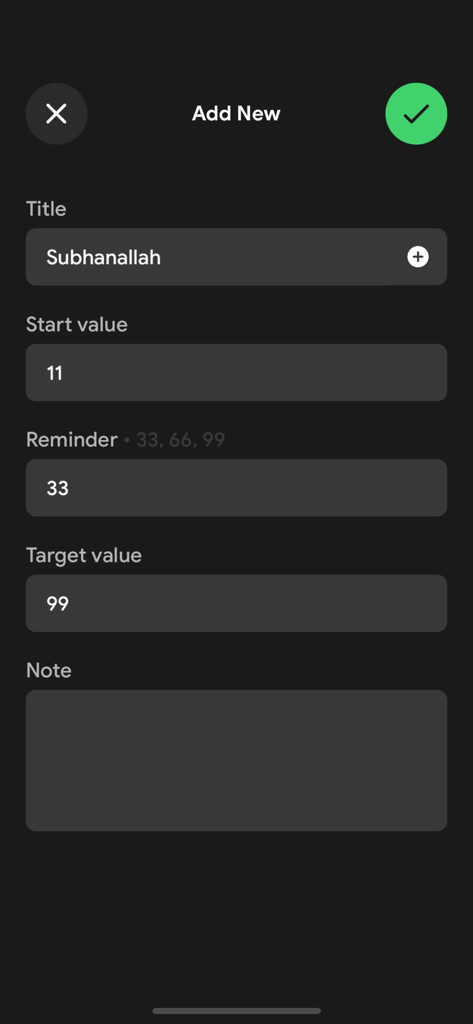 Interface for adding a new dhikr prayer with customizable target and reminder values in dark mode.
