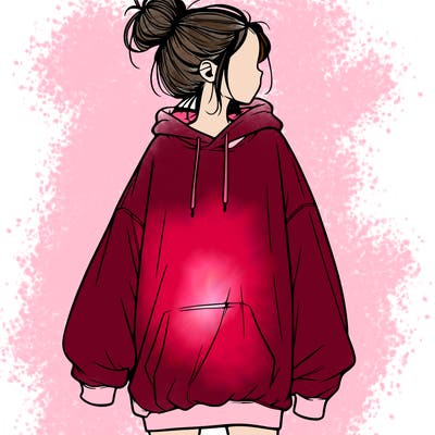 realistic girl with a oversized sweatshirt on and a bun