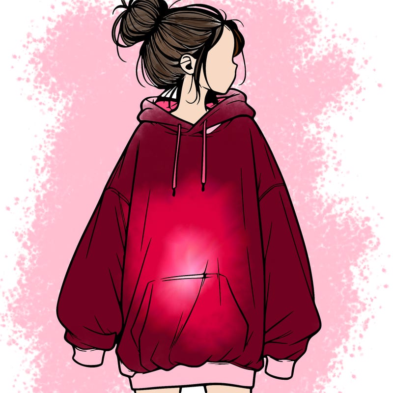 realistic girl with a oversized sweatshirt on and a bun