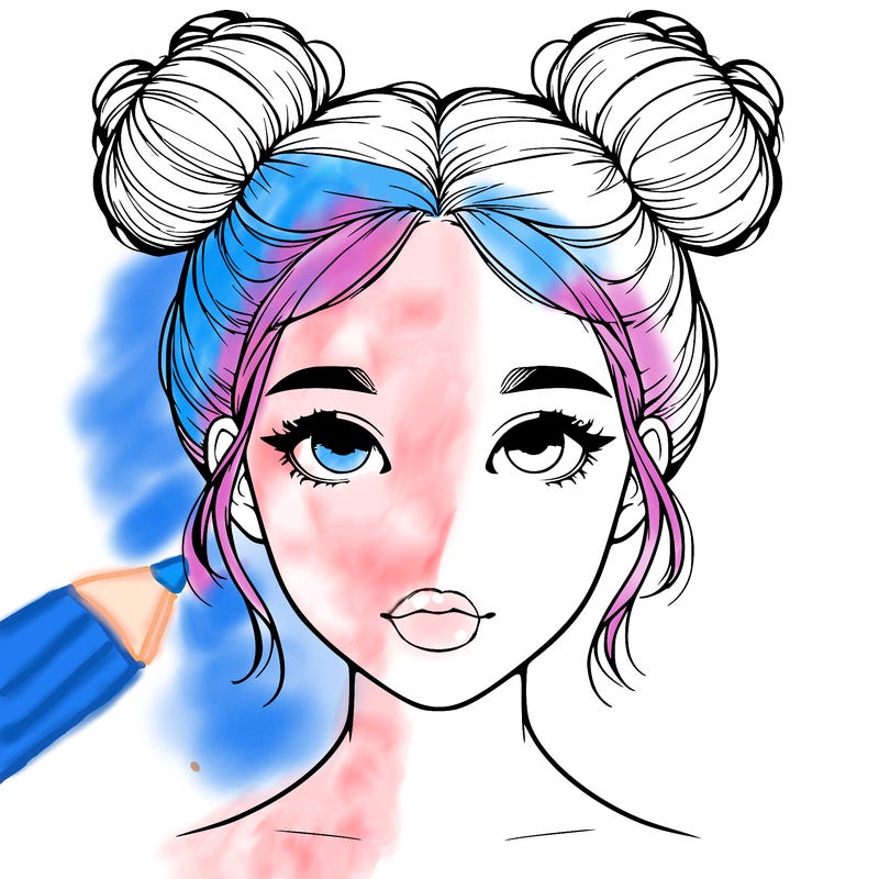 realistic girl with two buns on top of her head