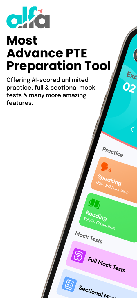 PTE Practice & Tests - AlfaPTE - AlfaPTE app interface showing speaking reading practice and mock tests