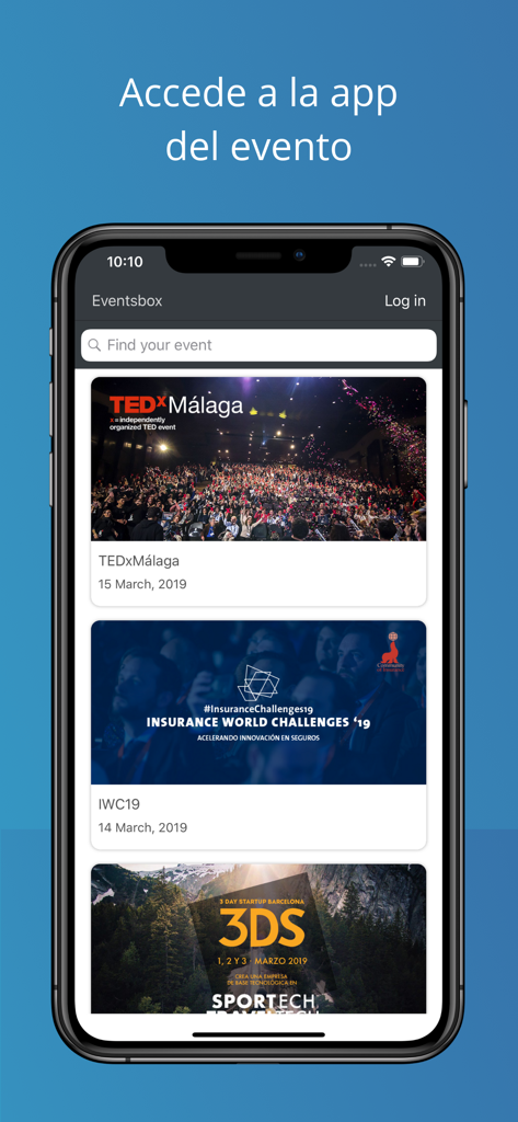 Eventsbox by Meetmaps - Eventsboxアプリのインターフェースに検索バーとTEDxやビジネスカンファレンスなどのプロフェッショナルイベントのセレクションが表示されています