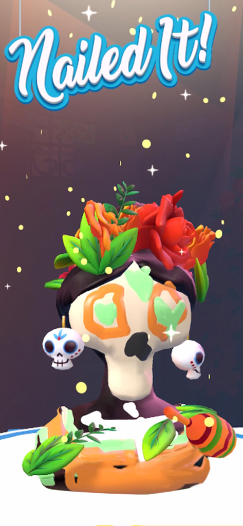Nailed It! Baking Bash - A colorful sugar skull cake decorated with flowers and maracas in the Nailed It Baking Bash mobile game.