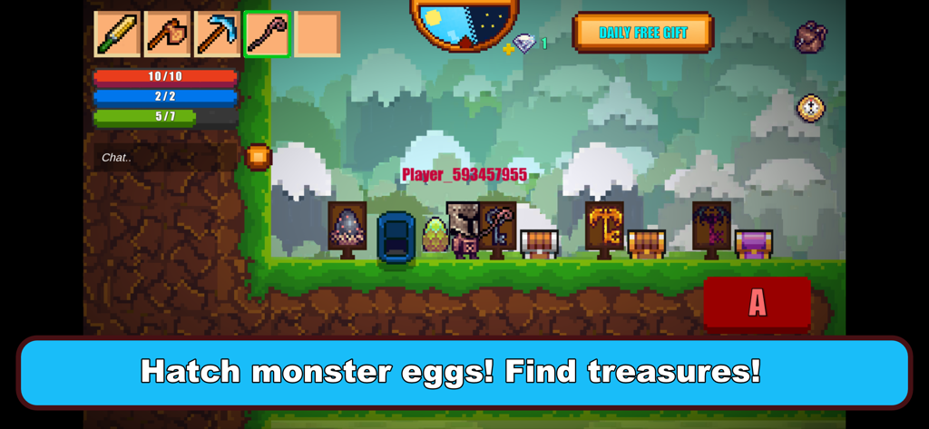 Pixel Survival Game 2 - Pixel art character with monster eggs and treasure chests in Pixel Survival Game 2
