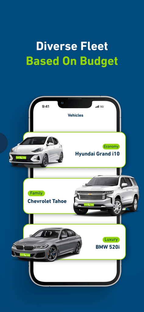 Lumi car rental app screen displaying economy, family, and luxury vehicle options.