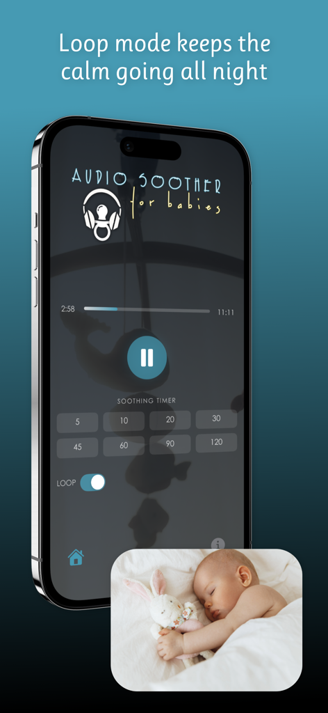 Audio Soother ~ For Babies - Audio Soother App Benutzeroberfläche zeigt den Loop-Modus und den Sleep-Timer zur Entspannung von Babys