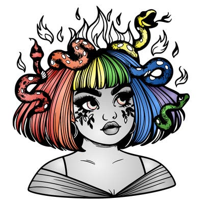 a plus size girl with short hair and snakes coming off her head like medusa, and flames in her eyes, beautiful and realistic