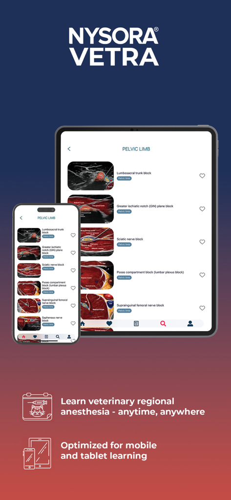 NYSORA VetRA - Interfaccia dell'app NYSORA VetRA su smartphone e tablet che mostra tecniche di blocco nervoso veterinario per gli arti pelvici