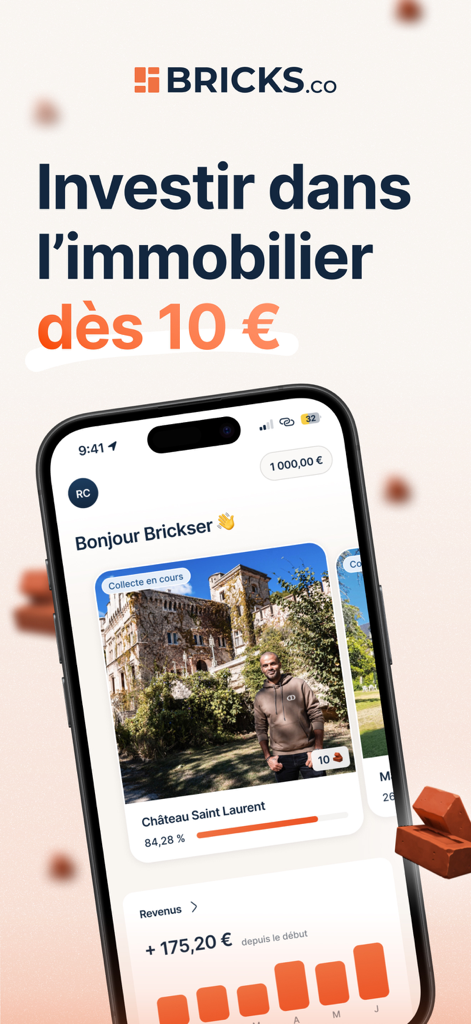 Bricks app interface for fractional real estate investment starting at 10 euros