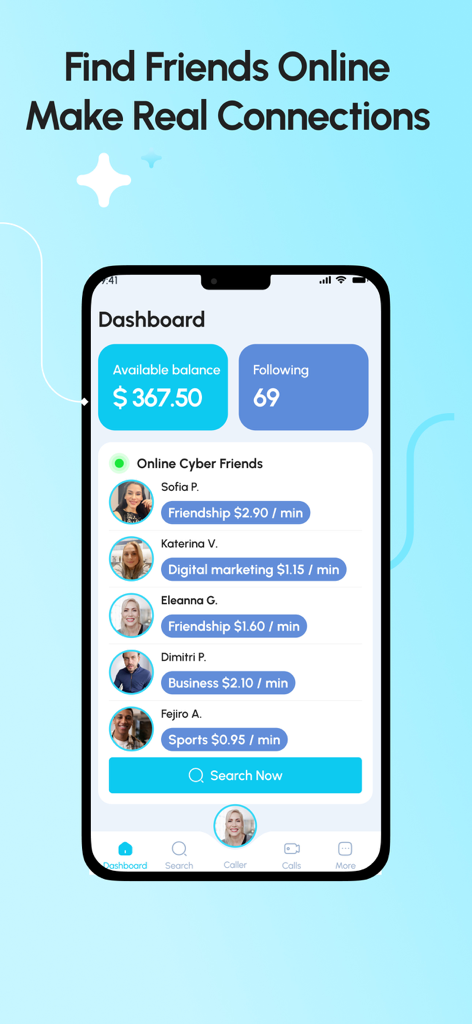 Rent A Cyber Friend - Rent A Cyber Friend app dashboard showing available balance and list of online cyber friends with their per minute rates