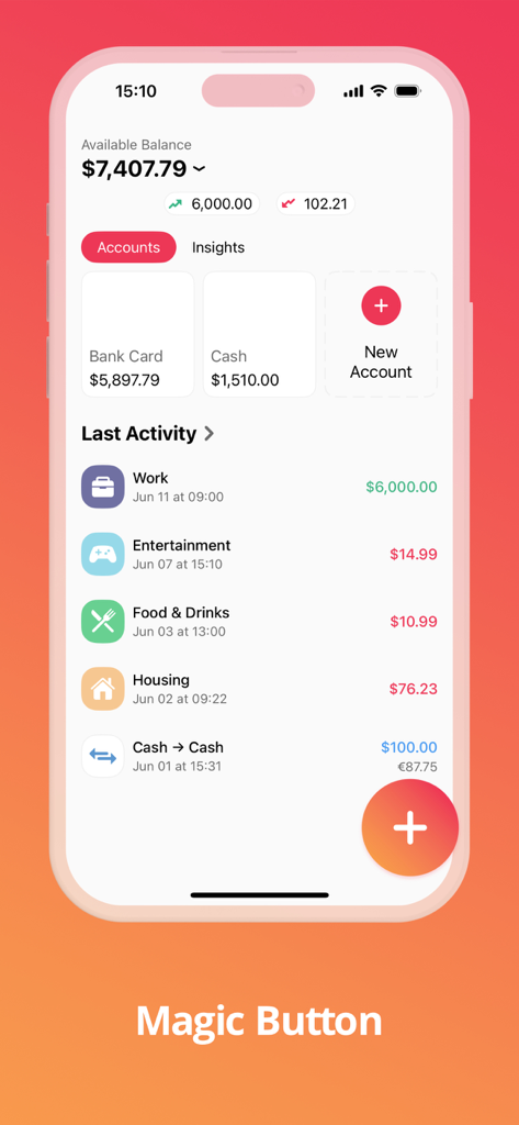 Axia - Budget Tracker - Dashboard of the Axia budget tracker app showing balance accounts and recent transactions