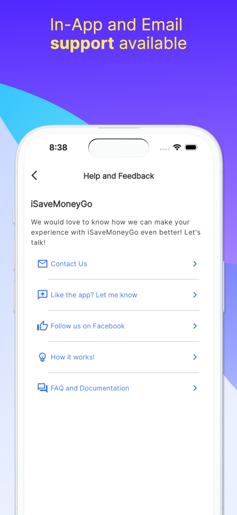 Écran d'aide et de commentaires de l'application de suivi budgétaire iSaveMoneyGo avec les options de contact et de FAQ.