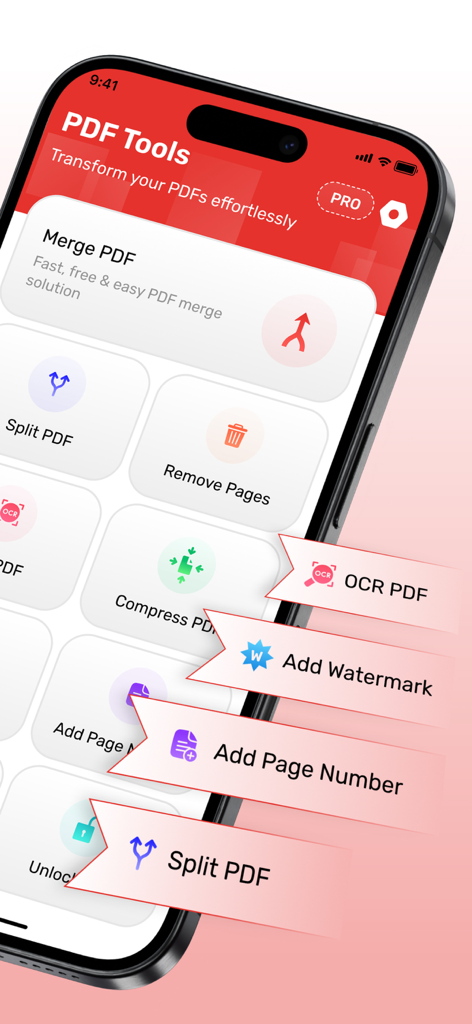 結合、分割、OCR などのツールが表示された AI PDF Editor のモバイルインターフェイス。