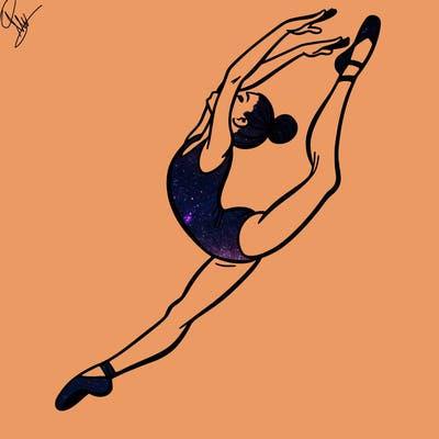 gymnast doing a leap in a leotard with a bent back leg