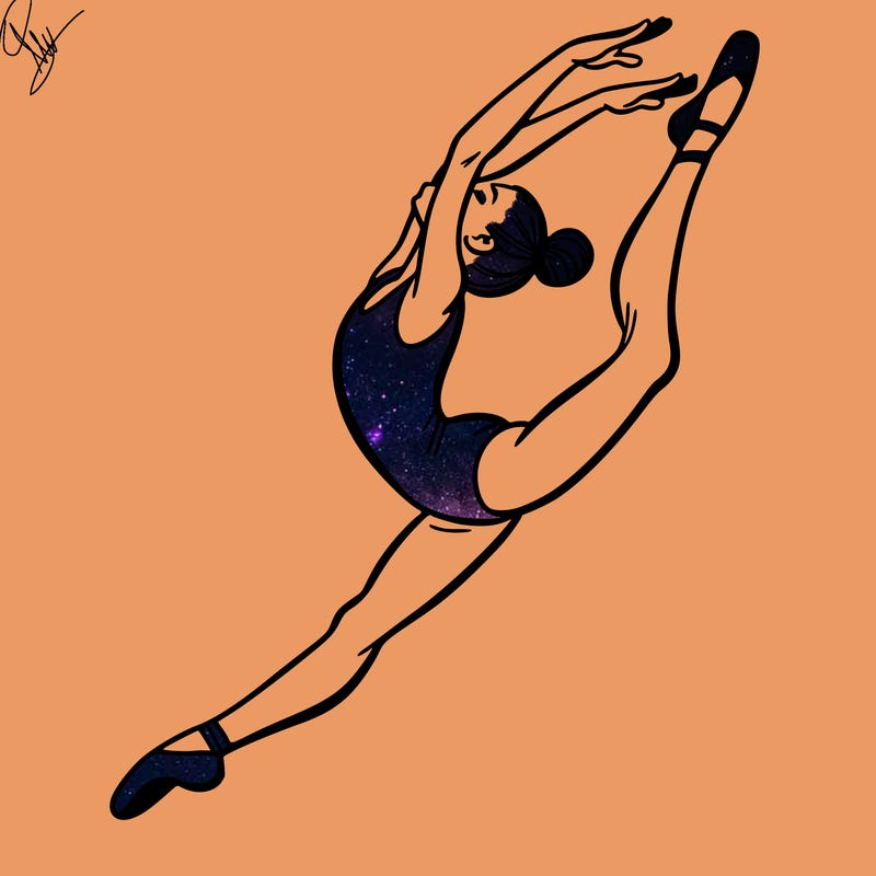 gymnast doing a leap in a leotard with a bent back leg