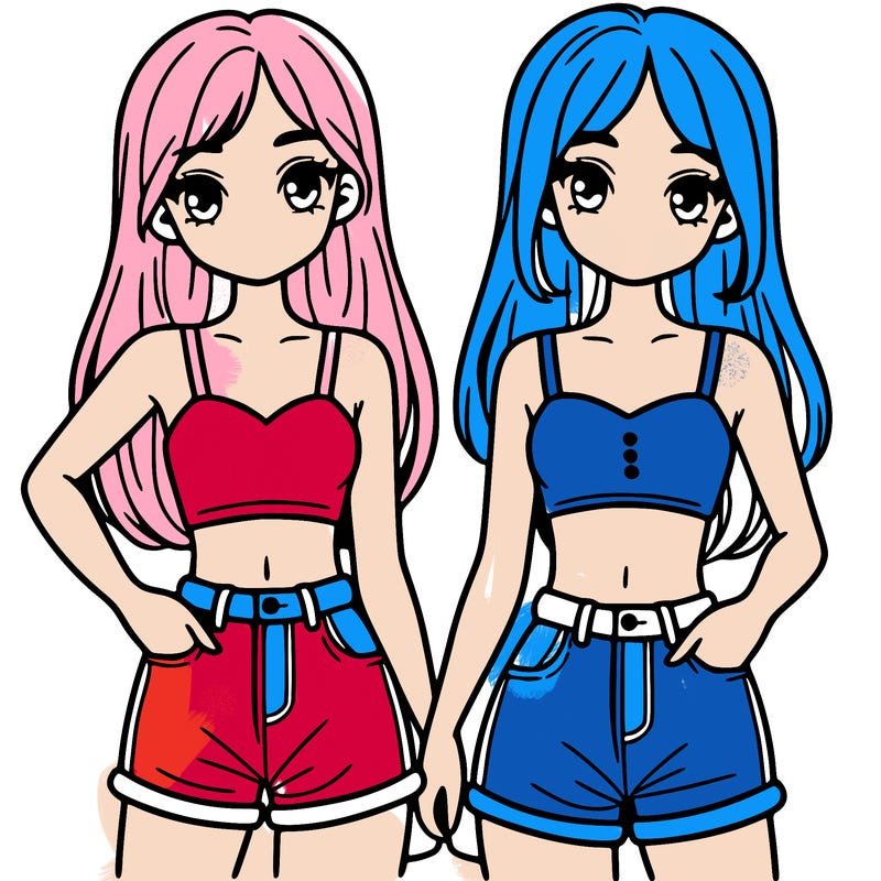 two sisters with crop tops and jean shorts and straight hair