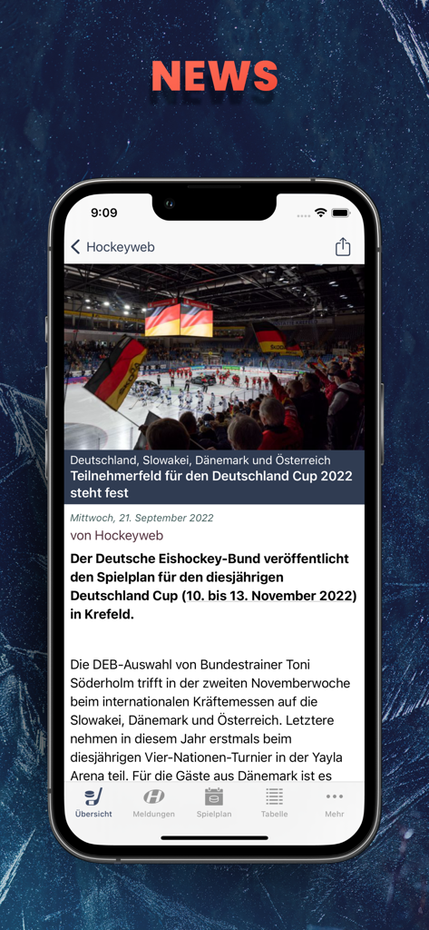 Ein Nachrichtenartikel über das Deutschland Cup Turnier innerhalb der Hockeyweb Eishockey-App.