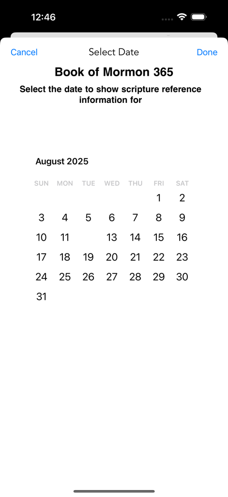 Book of Mormon 365 - Calendar view in the Book of Mormon 365 app to select a specific date for scripture reading