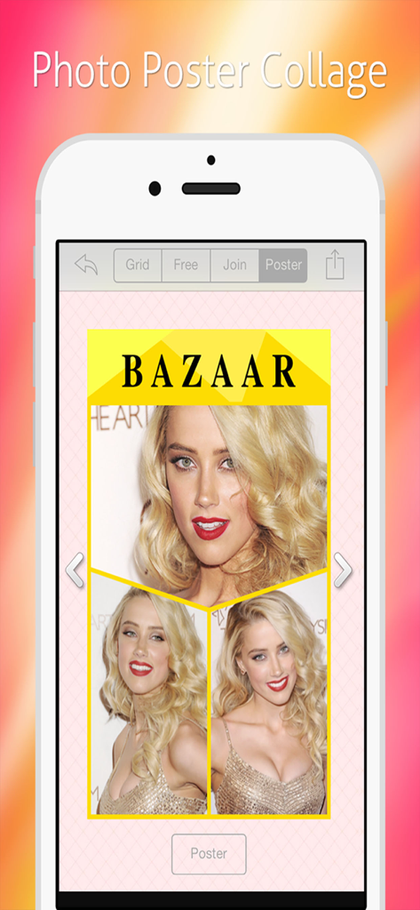 Image Editor - Filters Sticker - Ein Smartphone-Bildschirm, der die Bildbearbeitungs-App mit einer Collage im Magazin-Stil zeigt, mit dem Wort BAZAAR und einem Porträt einer blonden Frau.